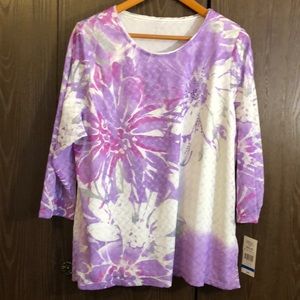 ALIA NWT XL 3/4 SLEEVE VIOLET/MAUVE/PINK/WHITE LACY SHEER TOP LINED CASUAL #040